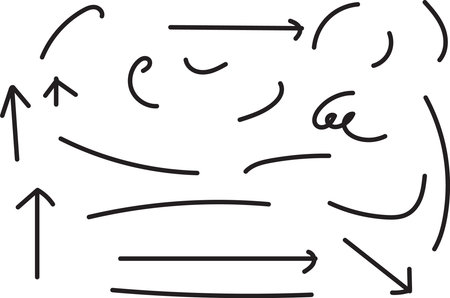 A compilation of various hand-drawn arrows and curved lines, showcasing different directions and forms, presented cleanly on a white background for versatile use in design projects.のイラスト素材