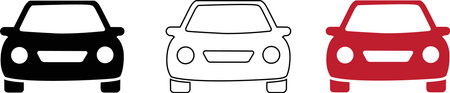 A collection of car icons in distinct colors and styles, including a solid black, a white outline, and a vibrant red, offering diverse visual options for representing automobiles in design projects.のイラスト素材