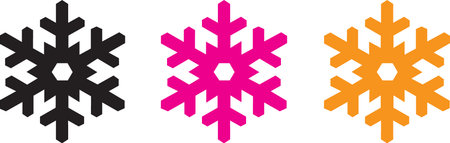 A visual representation of three distinct snowflake icons, each rendered in a different vibrant color: black, hot pink, and bright orange, presented clearly against a plain white backdrop.のイラスト素材