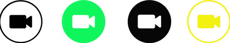 Four distinct icons depicting a video camera, presented in black, white, green, and yellow within circular frames, all isolated on a plain white background.のイラスト素材