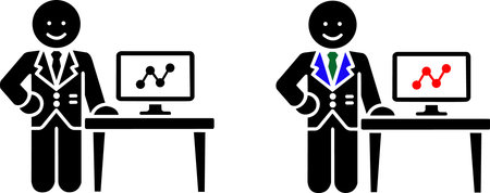 A simple, stylized silhouette illustration of two businessmen in suits standing by desks with computers showing line graphs, highlighting data analysis.のイラスト素材