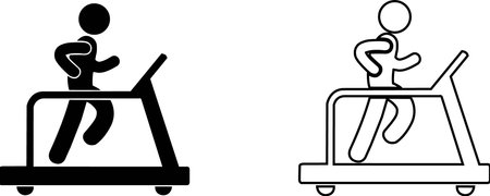 A black and white illustration showcasing two treadmill users in a distinctive silhouette style, representing fitness and exercise.のイラスト素材
