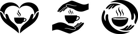 Three black silhouette icons showcasing hands gently holding cups of hot beverages, symbolizing care, warmth, and hospitality in various comforting arrangements.のイラスト素材