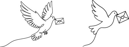 Two stylized dove silhouettes in flight, each carrying a small envelope in its beak, rendered in a delicate outline style.のイラスト素材