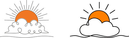Two distinct illustrations showcasing the sun as an orange silhouette emerging from or setting behind clouds, in a simple graphic style.のイラスト素材