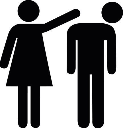 A minimalist black silhouette of a woman pointing at a man's head, symbolizing communication or direction.のイラスト素材