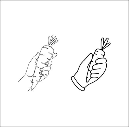 A hand in a glove holds a carrot, presented in a clean silhouette and a sketchy outline.のイラスト素材