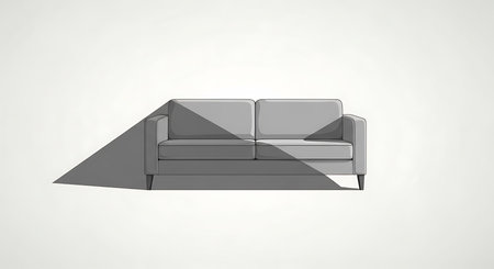 A contemporary gray sofa is partially covered by a sharp geometric shadow, creating a striking visual contrast.の素材