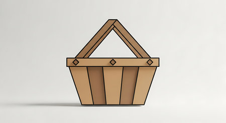 A minimalist wooden basket with a triangular handle, presented against a clean, neutral backdrop.の素材