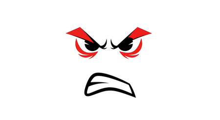 A stylized cartoon face with fiery red, angry eyes and a snarling, aggressive mouth.の素材
