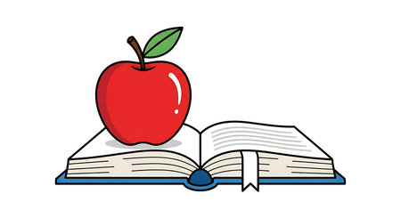 Illustration of a book and a red apple on a white backgroundの素材