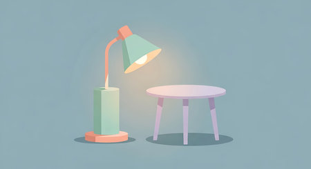 Table and lamp on blue background. Minimal style vector illustration.の素材