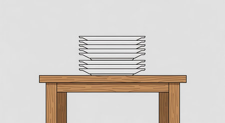 Illustration of a wooden table with a stack of plates on itの素材