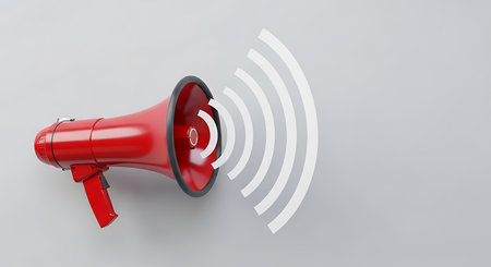 Red megaphone on white background. 3d illustration. Communication concept.の素材