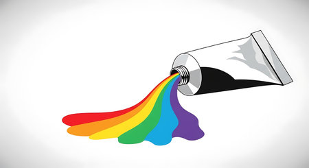 Illustration of a paint tube with rainbow paint splashing on white backgroundの素材