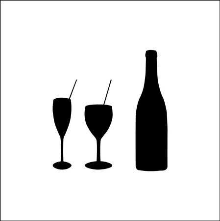 A minimalist black silhouette of two stemmed glasses with straws and a bottle on a white background.のイラスト素材