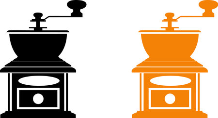 Two stylized silhouette illustrations of antique coffee grinders, one in black and one in orange, presented side by side.のイラスト素材