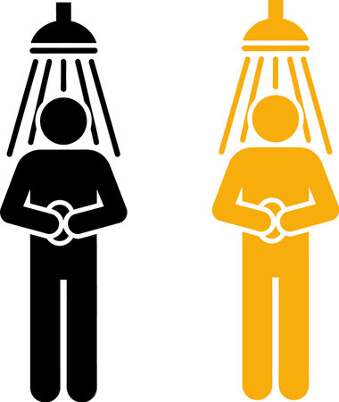 A black and an orange silhouette of a person standing under a shower, symbolizing cleanliness and hygiene.のイラスト素材