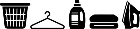 A set of black icons depicting various laundry items including a basket, hanger, spray bottle, folded clothes, and iron, isolated on white backgroundのイラスト素材