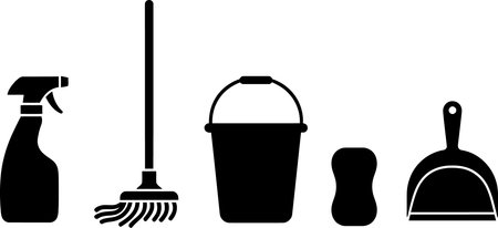 A set of black silhouettes featuring various cleaning tools and supplies, including a spray bottle, broom, bucket, dustpan, and scrub brush, isolated on white backgroundのイラスト素材