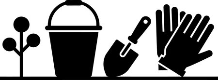 A black silhouette illustration of gardening tools and a plant on a white background, including a bucket, trowel, glove, and sprouting plantのイラスト素材