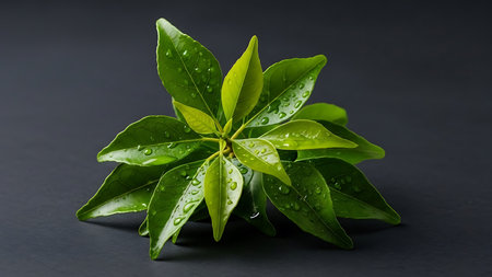 A close-up image of vibrant green leaves with delicate dew drops scattered across their surface. The leaves are set against a dark background, highlighting their vivid color and intricate veins. The dew drops glisten, adding a sense of freshness and natural beauty to the scene.の素材