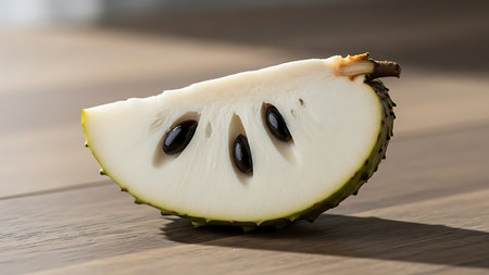 This image features a halved cherimoya fruit resting on a wooden surface. The fruit has a smooth, pale green skin and creamy white flesh with large, glossy black seeds. The seeds are arranged in a triangular pattern within the fruit. The wooden surface provides a rustic background, highlighting the natural beauty of the fruit.の素材