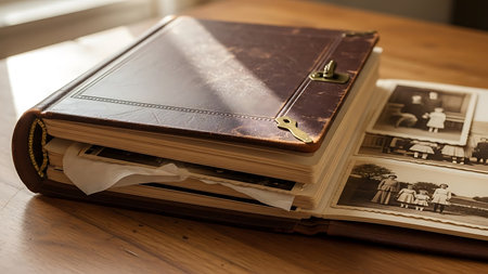 The image depicts an open vintage photo album resting on a wooden table. The album appears to be aged, with a worn leather cover and metal clasps. Several black and white photographs are visible, some of which are partially detached from the album. The setting suggests a nostalgic and historical atmosphere, likely capturing memories from the past.の素材