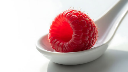 A close-up image of a single, ripe raspberry resting on a white spoon. The raspberry is vibrant red with a detailed texture, and the spoon is positioned against a bright, white background.の素材
