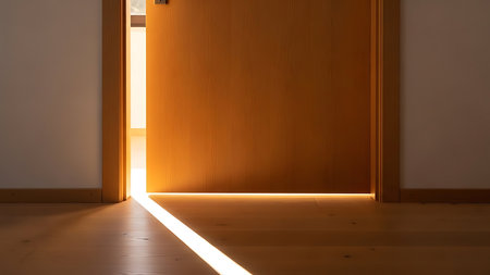 The image captures a serene and warm scene of a room with an open door. The door is slightly ajar, allowing a beam of golden light to stream in from the adjacent room. The light creates a striking contrast against the darker, wooden floor and the white walls of the room. The atmosphere is calm and inviting, suggesting a sense of tranquility and warmth.の素材