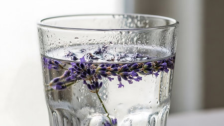 A clear glass filled with water, featuring delicate lavender flowers floating on the surface. The glass is placed on a flat surface, with a blurred background that keeps the focus on the refreshing drink. The lavender adds a touch of elegance and a hint of natural fragrance to the water.の素材