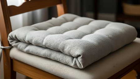 A soft, gray tufted cushion is neatly placed on a wooden chair seat. The cushion features a textured fabric and provides comfort for seating. The chair is situated in a cozy indoor setting, likely part of a dining or living area. The cushion's design adds a touch of elegance and warmth to the space.の素材