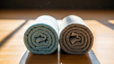 The image depicts two rolled-up fabrics placed side by side on a wooden surface. The fabric on the left is light blue, while the one on the right is a darker shade of brown. Both fabrics are neatly rolled and secured with rubber bands. The wooden surface has a natural, polished finish, providing a contrasting background for the fabrics.の素材