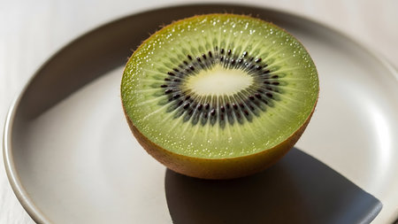 A close-up image of a freshly cut kiwi fruit, showcasing its vibrant green flesh and distinctive black seeds arranged in a circular pattern. The kiwi is placed on a white plate, with a knife visible in the background. The lighting highlights the texture and juiciness of the fruit.の素材