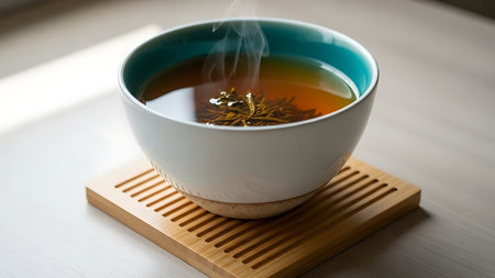 A close-up image of a steaming bowl of herbal tea placed on a wooden coaster. The tea is in a white ceramic bowl with a blue rim, and various herbs are visible floating in the tea. The background is a light, neutral color, emphasizing the warmth and tranquility of the scene.の素材