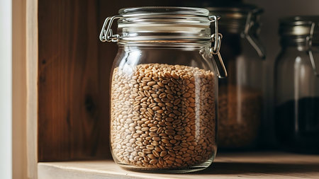 The image depicts a clear glass jar with a metal clasp lid, filled with whole grains. The jar is placed on a wooden surface, possibly a shelf or countertop. In the background, there are other jars and bottles, suggesting a kitchen or pantry setting. The lighting is natural, highlighting the texture and color of the grains.の素材