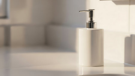 A sleek, white soap dispenser with a metallic pump sits on a clean, white countertop. The background is blurred, focusing attention on the minimalist design of the dispenser. The setting suggests a modern bathroom or kitchen with an emphasis on cleanliness and simplicity.の素材