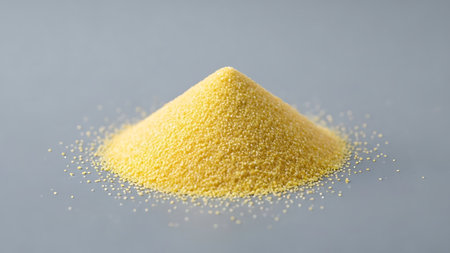 The image depicts a small mound of bright yellow powder placed on a smooth, gray surface. The powder appears finely granulated and is scattered slightly around the base of the mound. The overall setting is minimalistic, focusing solely on the contrast between the vibrant yellow powder and the neutral gray background.の素材