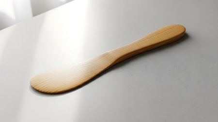 The image depicts a simple wooden spatula resting on a white surface. The spatula has a smooth, light-colored wooden handle and a wide, flat blade. The background is a plain white surface, providing a stark contrast to the natural wood tones of the spatula.の素材
