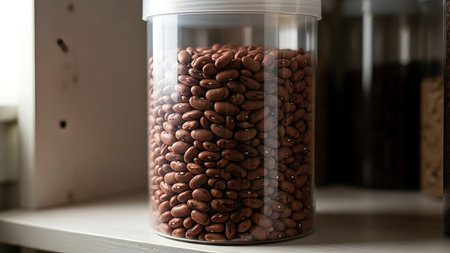 The image shows a clear plastic jar filled with brown beans, placed on a wooden shelf. The jar has a lid and is positioned in a well-lit area, possibly a kitchen or pantry. The background is slightly blurred, focusing attention on the jar of beans.の素材