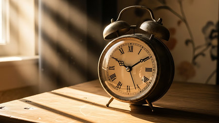 The image depicts a vintage alarm clock placed on a wooden surface. The clock features a classic design with Roman numerals and two bells on top. It is positioned near a window, allowing sunlight to cast a warm glow on the clock and the surrounding area. The background includes a wall with a floral pattern, adding to the nostalgic ambiance of the scene.の素材