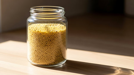 A clear glass jar filled with small, yellow grains is placed on a wooden surface. The jar is positioned in such a way that the grains are visible through the transparent glass. The wooden surface beneath the jar casts a shadow, indicating a light source from above. The background is blurred, focusing attention on the jar and its contents.の素材