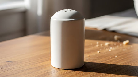 A white salt shaker is placed on a wooden table. The table has scattered salt crystals around the shaker. The background is blurred, focusing attention on the shaker and the table.の素材
