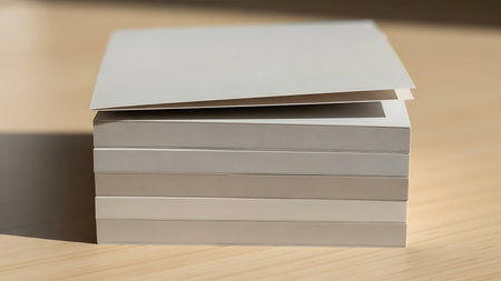 A neatly stacked pile of blank white cards on a wooden desk, perfect for writing notes or messagesの素材
