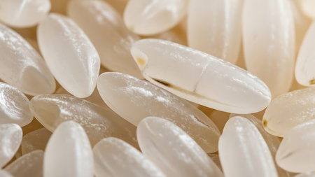 A close-up view of white rice grains piled together, showcasing their texture and detail.の素材
