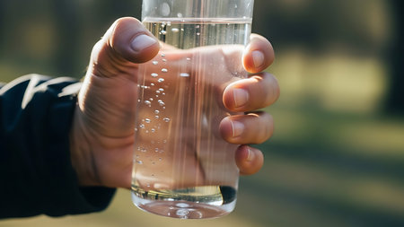 A refreshing glass of water held in a hand against a blurred green outdoor background, evoking feelings of hydration and vitality.の素材