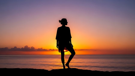 A woman enjoys peaceful sunset by the ocean, feeling serene and free.の素材