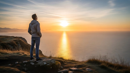 A man stands on a cliff overlooking a serene ocean at sunset, feeling peaceful and free in nature's beautyの素材