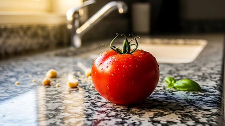 Fresh red tomato on kitchen countertop with basil leaves and crumbs, ready for cookingの素材