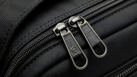 High-quality close-up image of a black leather bag with sleek silver zippers, showcasing texture and detail.の素材